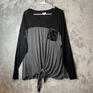 H.I.P Black Gray Striped Long Sleeve Tie Front Top Velvet Pocket Size 1X New